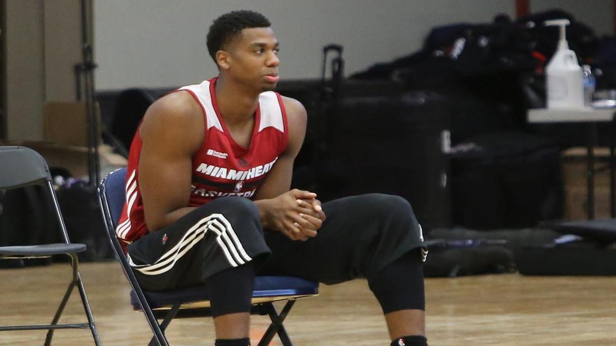 
Hassan Whiteside sits out the Miami Heat's first day of training camp at Florida Atlantic University in Boca Raton on Tuesday, September 29, 2015.
