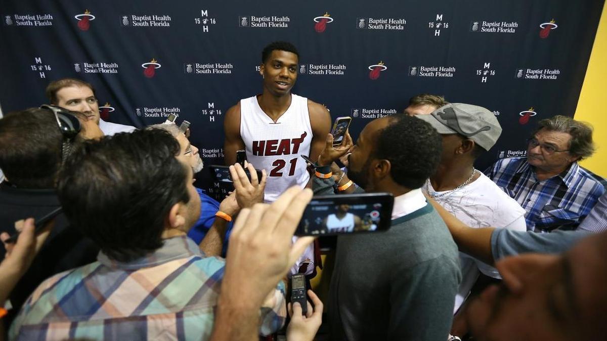 
Miami Heat center Hassan Whiteside talks with the media during the Media Day for the 2015-16 NBA season at AmericanAirlines Arena in Miami on Monday, September 28, 2015.
