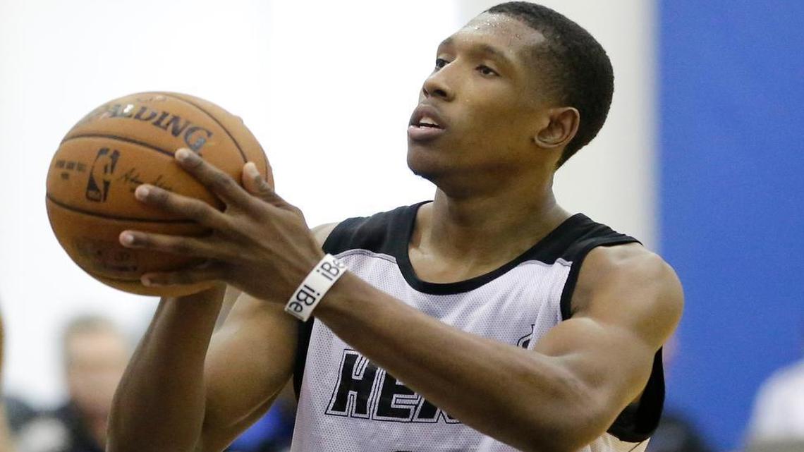 
Miami Heat's Josh Richardson (14) shoots during the second half of an NBA summer league basketball game, Friday, July 10, 2015, in Orlando, Fla. 
