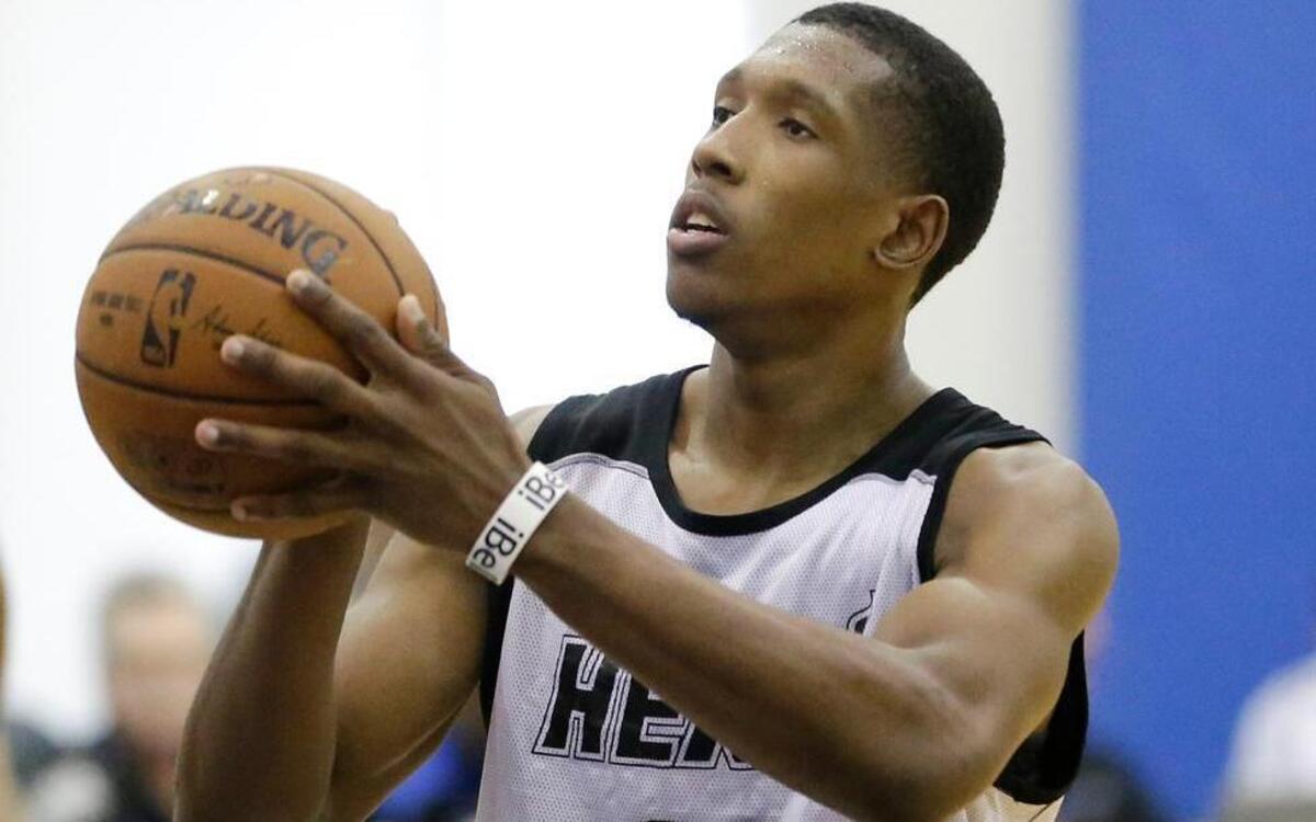 
Miami Heat's Josh Richardson (14) shoots during the second half of an NBA summer league basketball game, Friday, July 10, 2015, in Orlando, Fla. 
