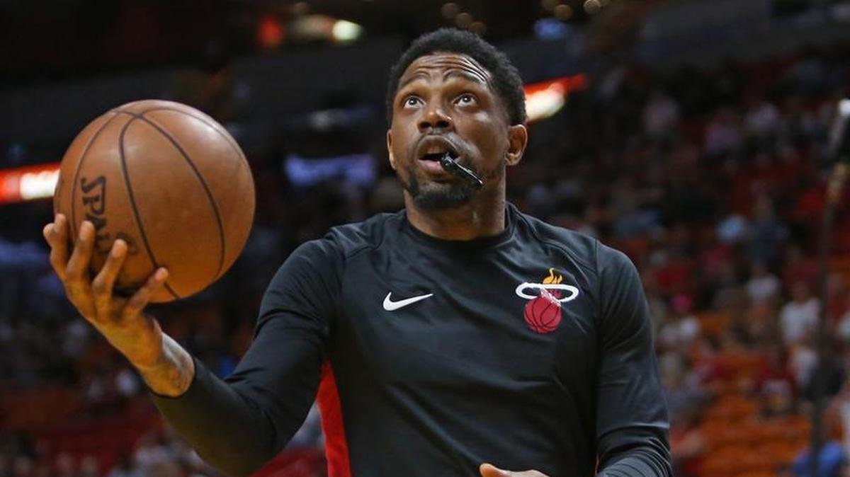 Miami Heat forward Udonis Haslem practices before the start of an NBA basketball game against the Brooklyn Nets at the AmericanAirlines Arena in Miami on Saturday, March 31, 2018.