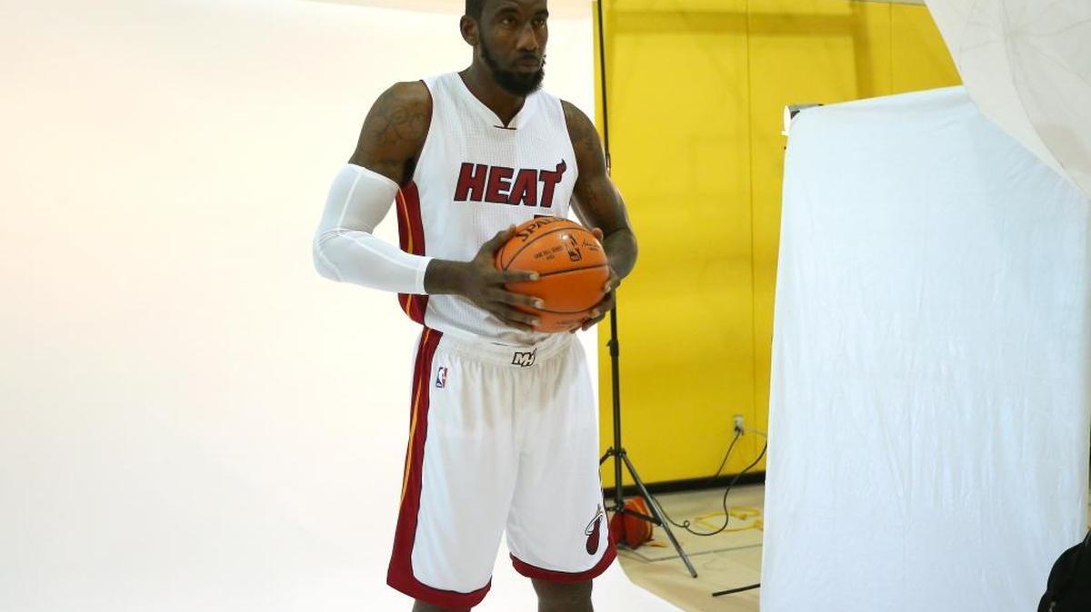 
Miami Heat center Amar’e Stoudemire poses during Media Day at AmericanAirlines Arena in Miami on Monday, Sept. 28, 2015.

