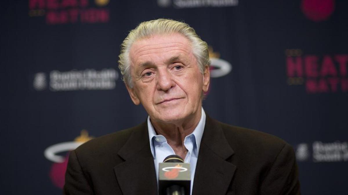 
Miami Heat President Pat Riley talks to the media, Monday, April 20, 2015, in Miami.
