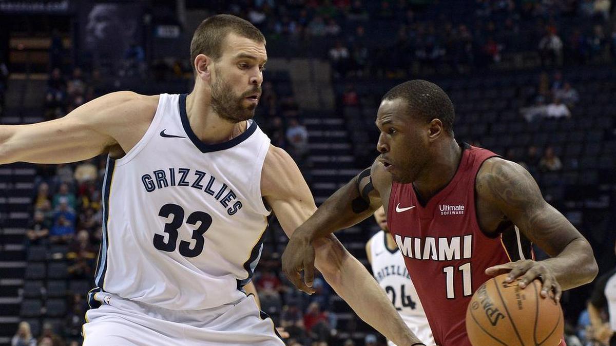 Miami Heat guard Dion Waiters (11) drives against Memphis Grizzlies center Marc Gasol (33) in the first half of the teams’ game Monday, Dec. 11, 2017, in Memphis, Tenn.