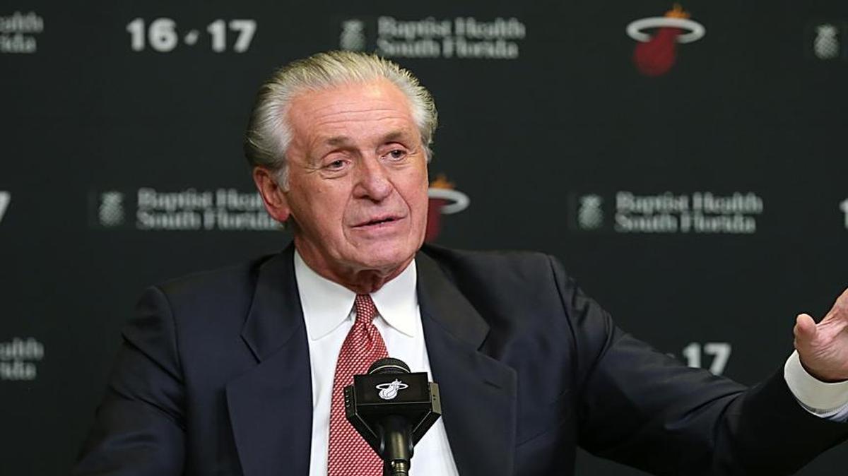 Miami Heat president Pat Riley shares some experiences with about former Miami Heat center Shaquille O'Neal at a press conference before the Heat retired his No. 32 jersey during a special halftime ceremony at AmericanAirlines Arena in Miami on Dec. 22, 2016.