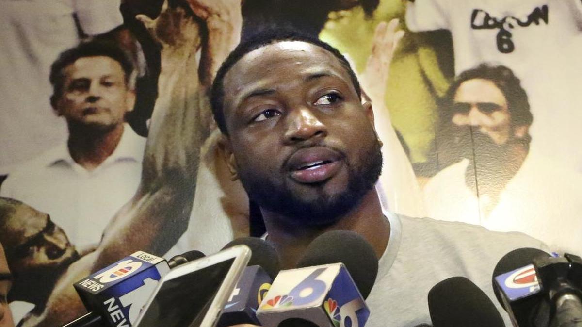 
Miami Heat shooting guard Dwyane Wade talks to the media on Friday, April 17, 2015 at AmericanAirlines Arena.
