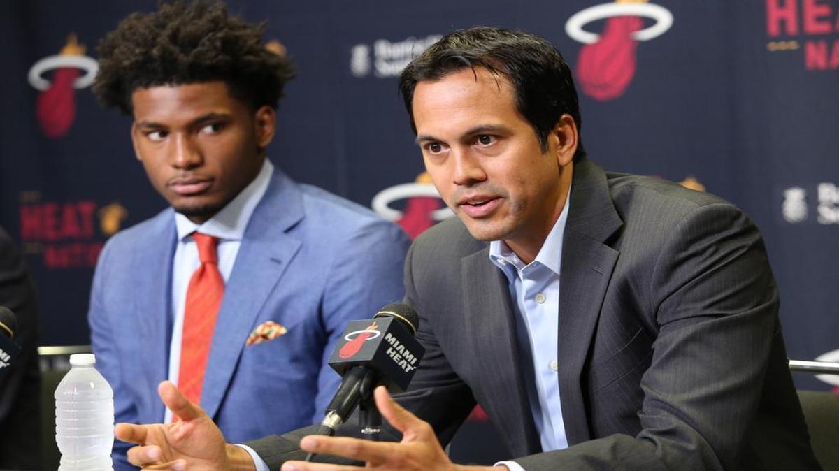 
Miami Heat head coach Eric Spoelstra talks to the media during the introduction of new rookie Justise Winslow on Monday, June 29, 2015, at AmericanAirlines Arena in Miami. Winslow was the team's top draft pick.
