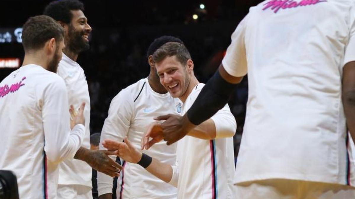 Miami Heat guard Goran Dragic smiles during the pregame introduction ceremony before the start of a game against the Oklahoma City Thunder at the AmericanAirlines Arena in Miami on Monday, April 9, 2018.