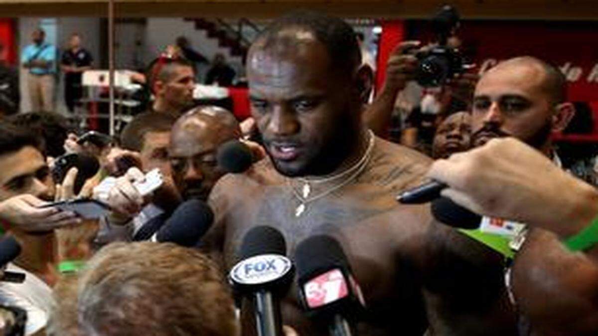 
LeBron James of the Cleveland Cavaliers fields questions from the media after practice at Clube de Regatas do Flamengo in preparation for their game against the Miami Heat on October 10, 2014 in Rio de Janeiro, Brazil. 
