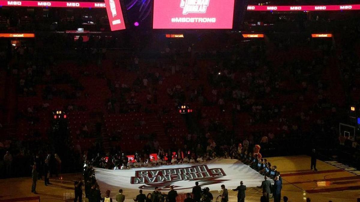 The Miami Heat honored those affected by the Stoneman Douglas school shooting prior to its home game against the Memphis Grizzlies on Saturday, Feb. 24, 2018.