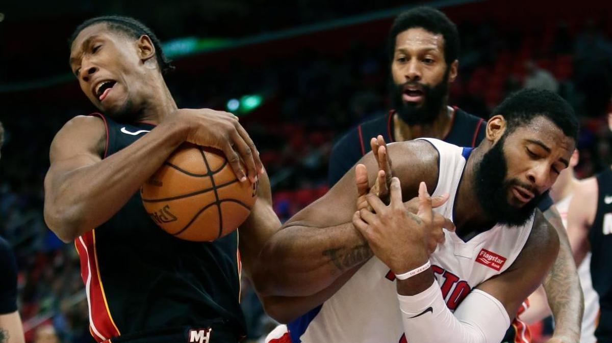 Miami Heat forward Josh Richardson, left, steals the ball from Detroit Pistons center Andre Drummond during the first half of an NBA basketball game Saturday, Feb. 3, 2018, in Detroit.