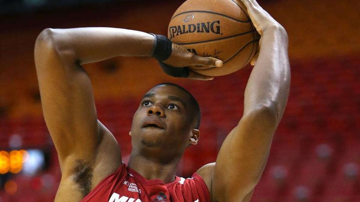
Miami Heat center Hassan Whiteside practices before the game against the Toronto Raptors at the AmericanAirlines Arena in Miami on Saturday, April 11, 2015.
