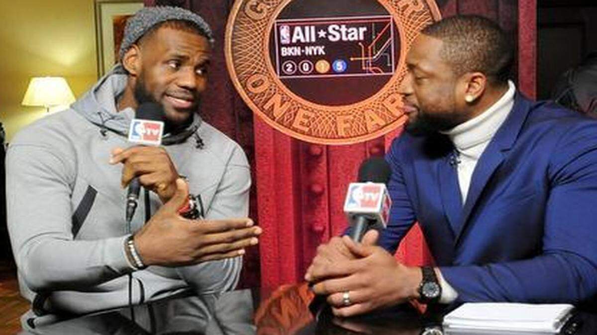 
Former Heat star LeBron James and Dwyane Wade speak to the media during All-Star weekend festivities Friday, Feb. 13, 2015.
