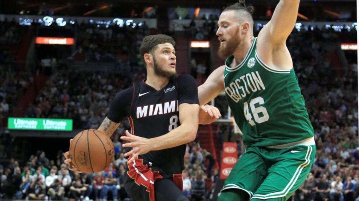Miami Heat guard Tyler Johnson drives to the basket in the fourth quarter as the Miami Heat host the Boston Celtics at AmericanAirlines Arena on Saturday, October 28, 2017.