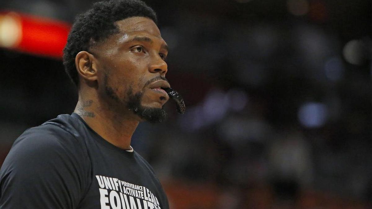 Miami Heat forward Udonis Haslem looks on before the start of a February game against Houston. Haslem has said he's undecided whether he will continue his playing career next season.