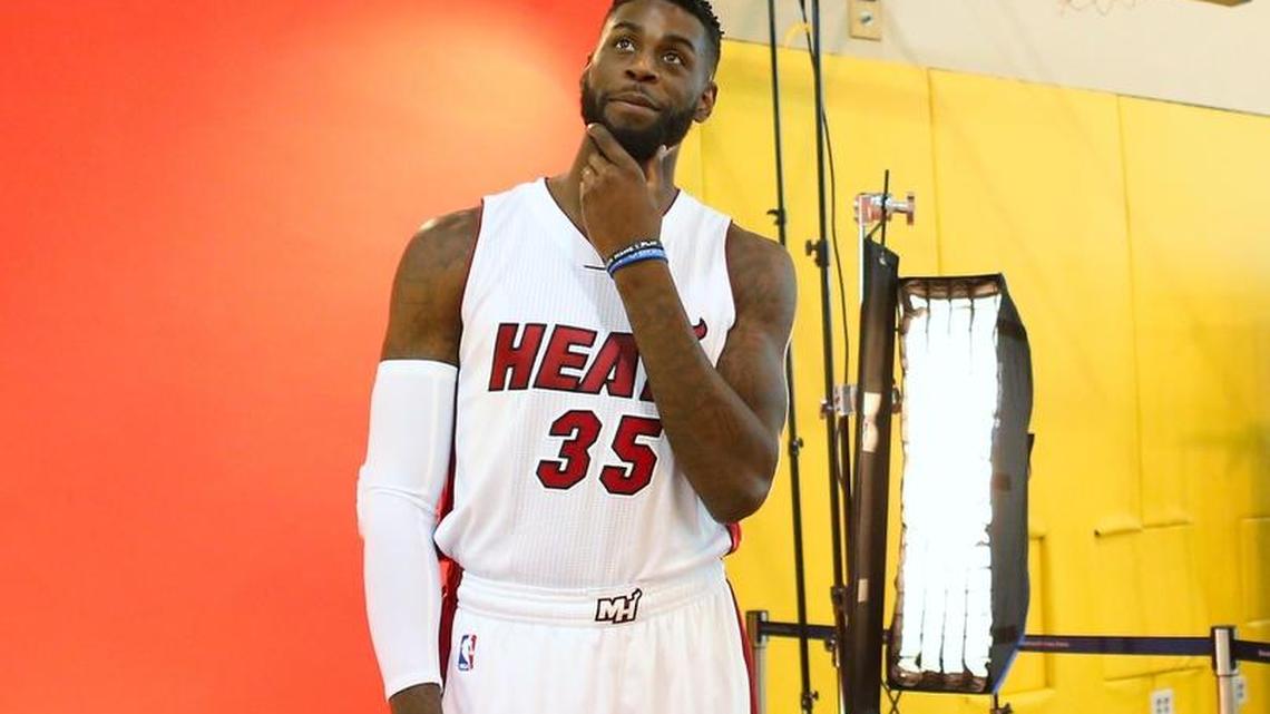 Miami Heat forward Willie Reed poses for photographers during the Media Day for the 2016-17 NBA season at AmericanAirlines Arena in Miami on Monday, September 26, 2016.
