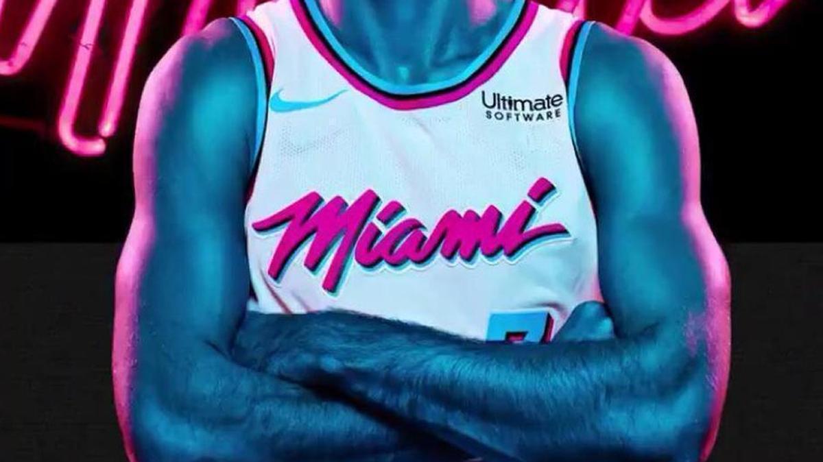 A screenshot from the Miami Heat’s unveiling video shows guard Goran Dragic in the team’s Vice-themed uniforms, which will make their debut Thursday.