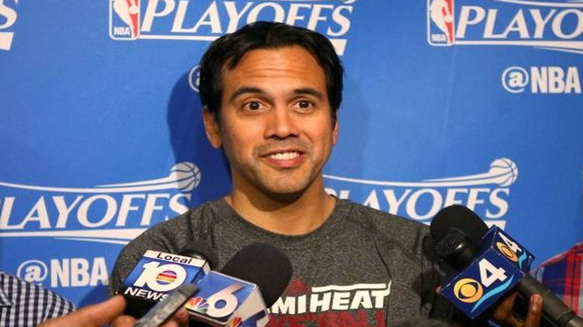 Miami Heat head coach Erik Spoelstra, speaks with the media after team's practice on Tues., April 26, 2016, at American Airlines Arena in Miami in preparation for Game 5 of an NBA first-round playoff basketball series against the Charlotte Hornets.