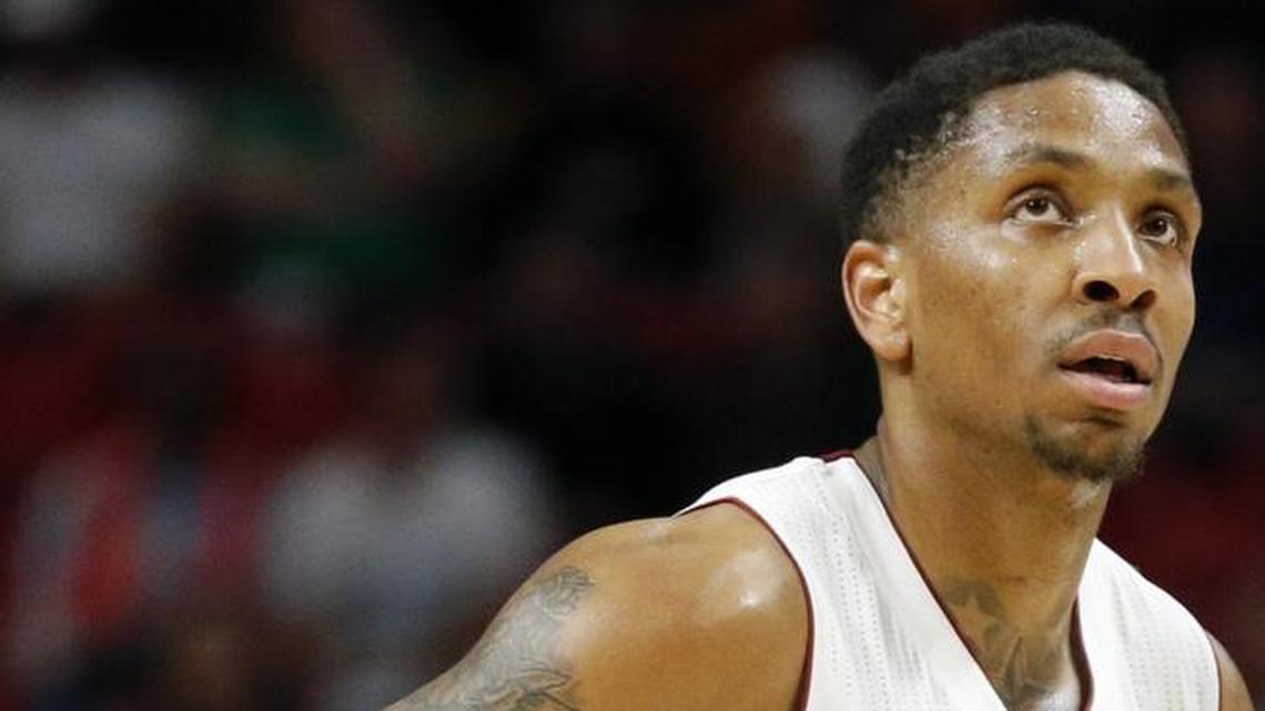 Miami Heat guard Rodney McGruder looks at the scoreboard as the Miami Heat host the Minnesota Timberwolves at the American Airlines Arena on Friday, March 17, 2017.