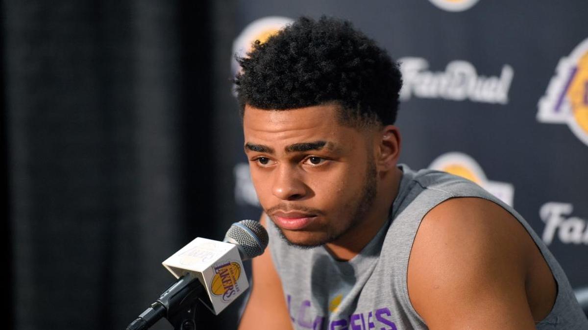 Los Angeles Lakers guard D'Angelo Russell speaks to the media prior to an NBA basketball game against the Miami Heat, Wednesday, March 30, 2016, in Los Angeles. Russell apparently recorded a video in which he asked teammate Nick Young about being with women other than his fiancee, rapper Iggy Azalea. The video began circulating online in the past week.