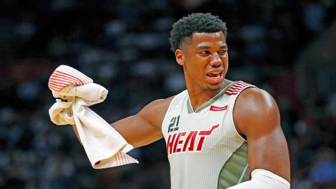 Miami Heat center Hassan Whiteside (21) reacts after getting called on a clear-path foul in the third quarter as the Miami Heat hosts the Chicago Bulls at AmericanAirlines Arena in Miami on Nov. 10, 2016