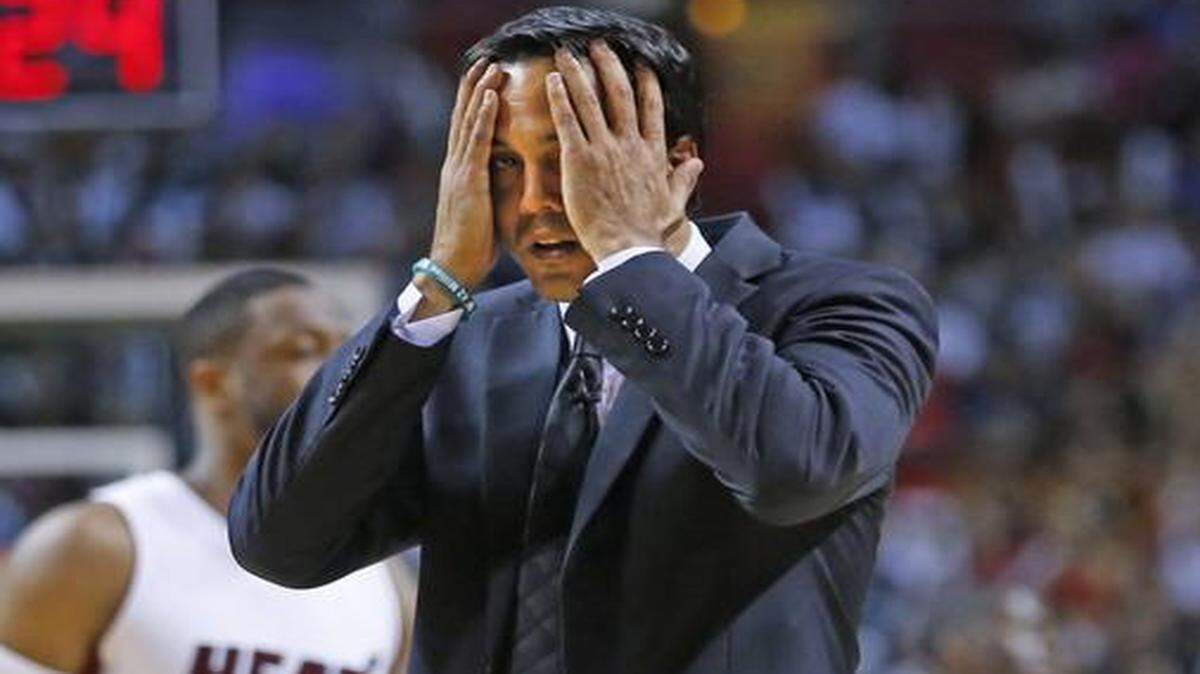 
Miami Heat coach Erik Spoelstra is shown during a loss to the Chicago Bulls at AmericanAirlines Arena on Thursday, April 9, 2015.
