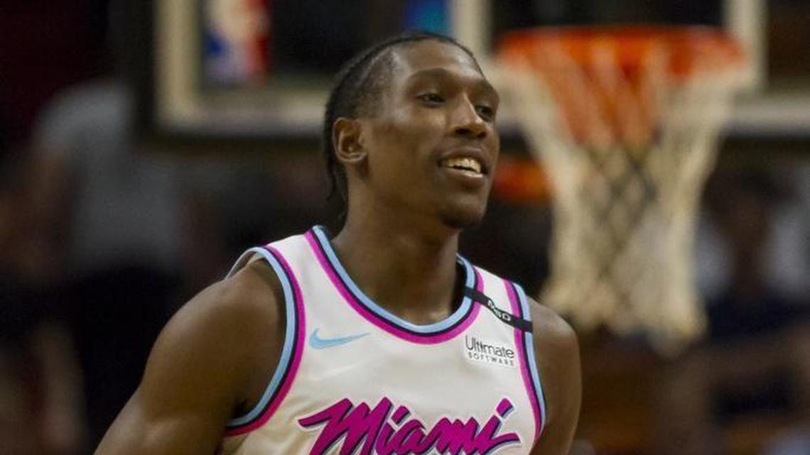 Miami Heat forward Josh Richardson reacts after dunking in the third quarter as the Miami Heat hosts the Washington Wizards at the AmericanAirlines Arena on March 10, 2018.