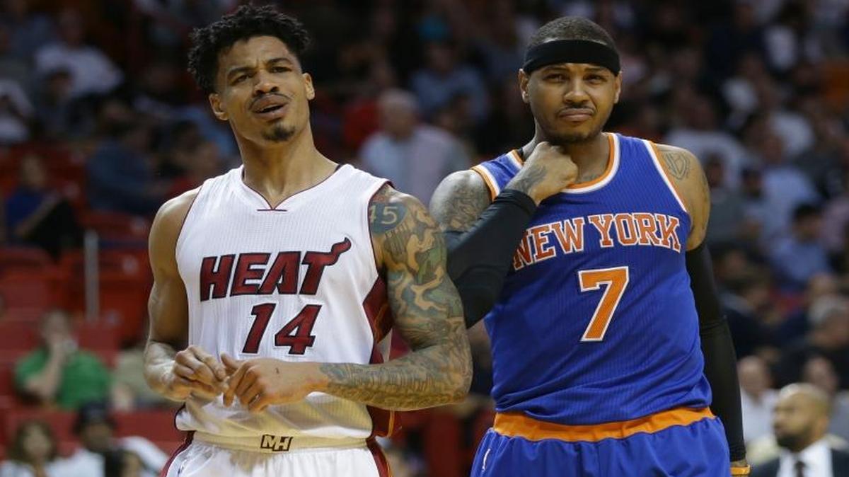 Miami Heat’s Gerald Green (14) reacts after being called for a foul against New York Knicks’ Carmelo Anthony (7) during the first half of an NBA basketball game, Wednesday, Jan. 6, 2016, in Miami.