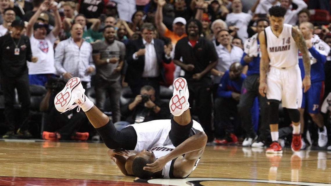 Chris Bosh reacts after missing the last shot of the Miami Heat’s game against the Detroit Pistons on Tuesday, December 22, 2015 at the AmericanAirlines Arena in Miami.