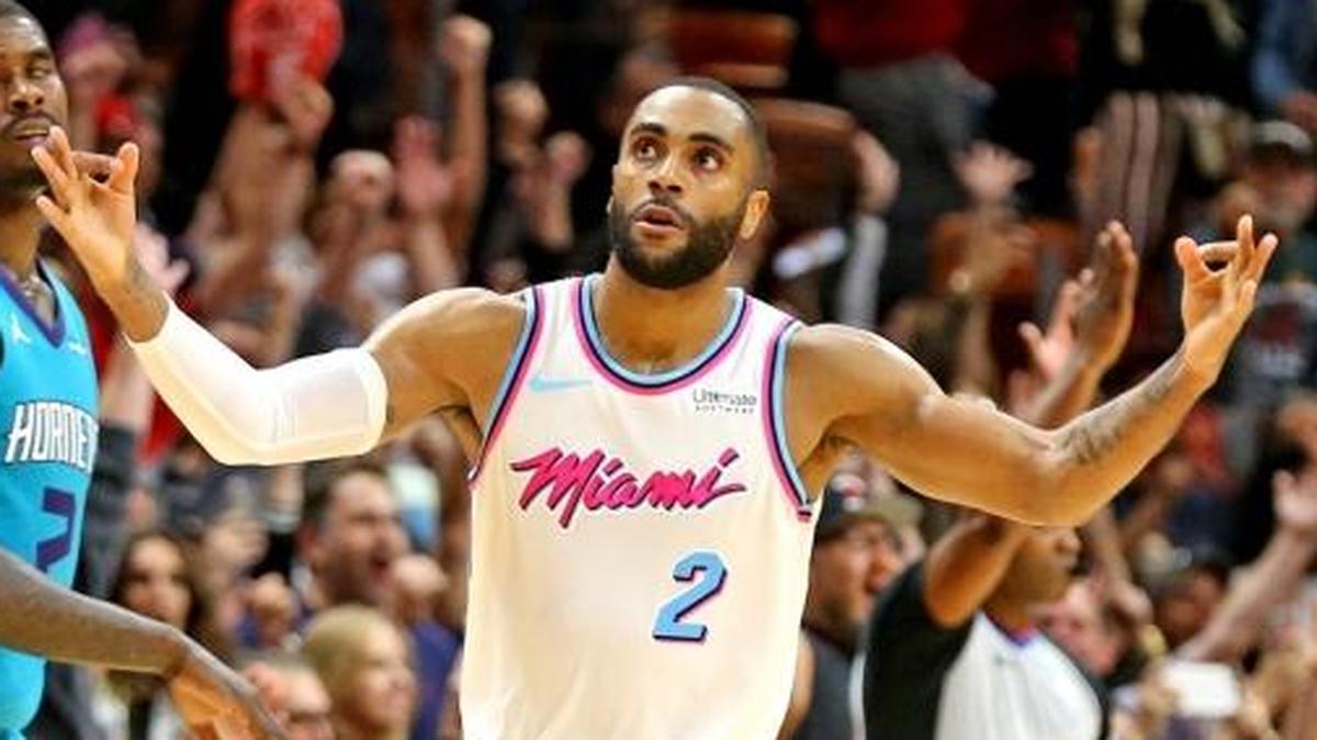 Miami Heat Wayne Ellington hits a three-pointer in the final seconds of the game to defeat the Charlotte Hornets at the AmericanAirlines Arena in Miami, Florida, January 27, 2018.