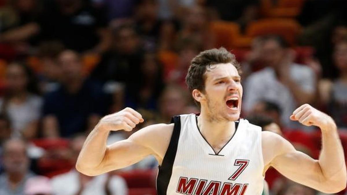 Miami Heat guard Goran Dragic reacts after a play during the first half of an NBA basketball game against the Milwaukee Bucks on Jan. 21, 2017, in Miami.