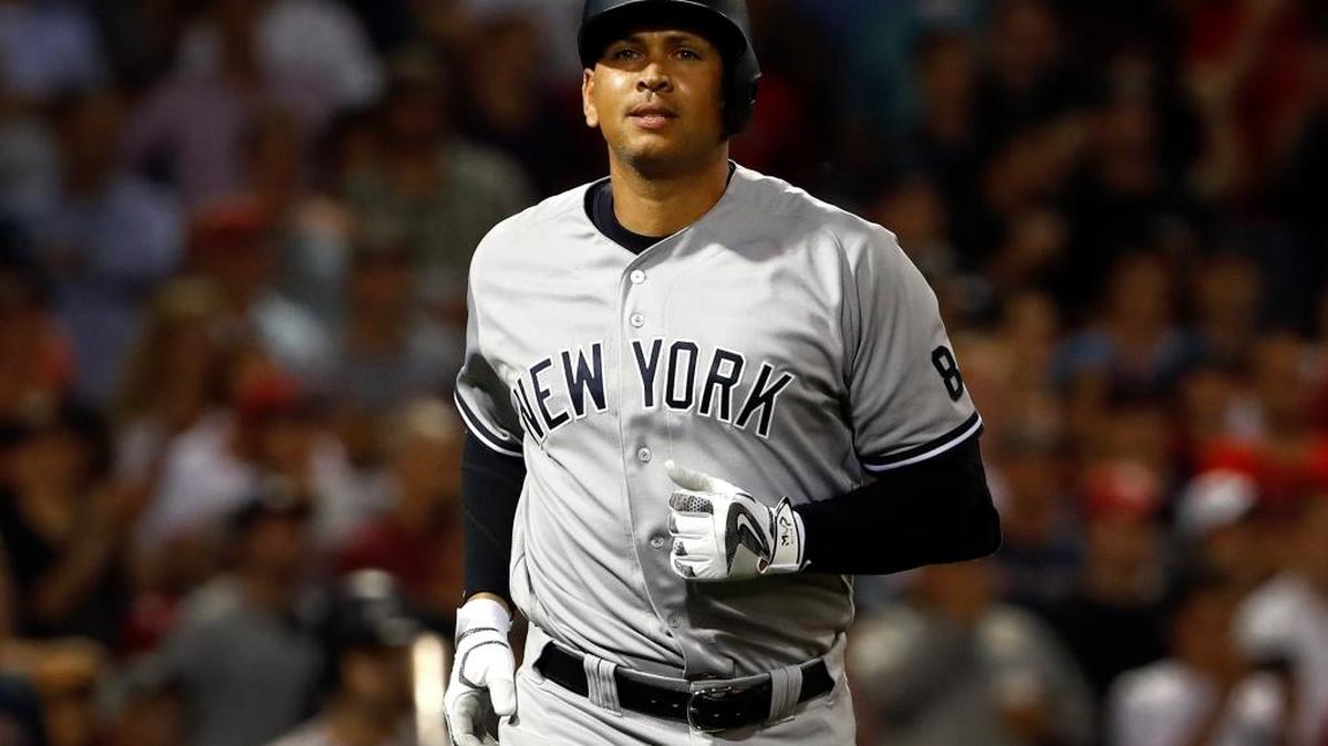 New York Yankees' Alex Rodriguez after a fly out during the seventh inning of a baseball game against the Boston Red Sox at Fenway Park in Boston Wednesday, Aug. 10, 2016.