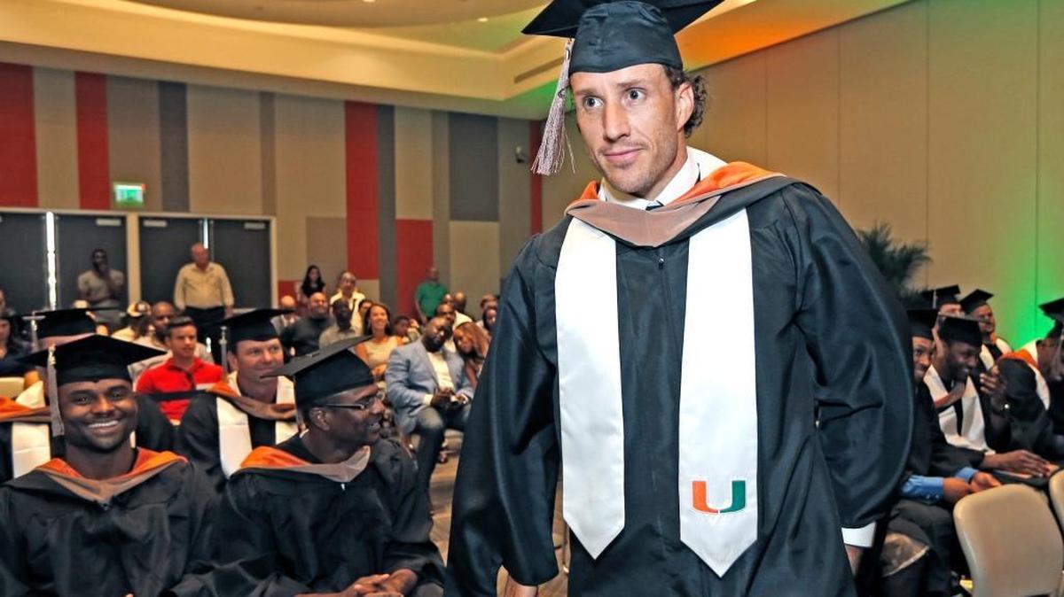 Miami Dolphins player John Denney at a July 1 graduation ceremony for UM’s Executive MBA for Artists and Athletes program.