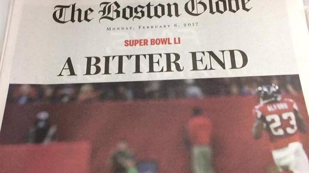 Oops. The Boston Globe early edition got it wrong. This is the headline the Atlanta Falcons would have liked.