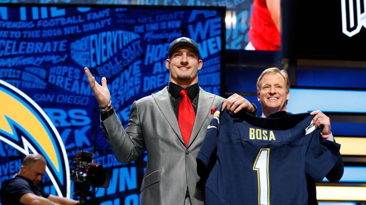 Joey Bosa poses for with NFL commissioner Roger Goodell after being the third overall pick in the 2016 draft by the Chargers.