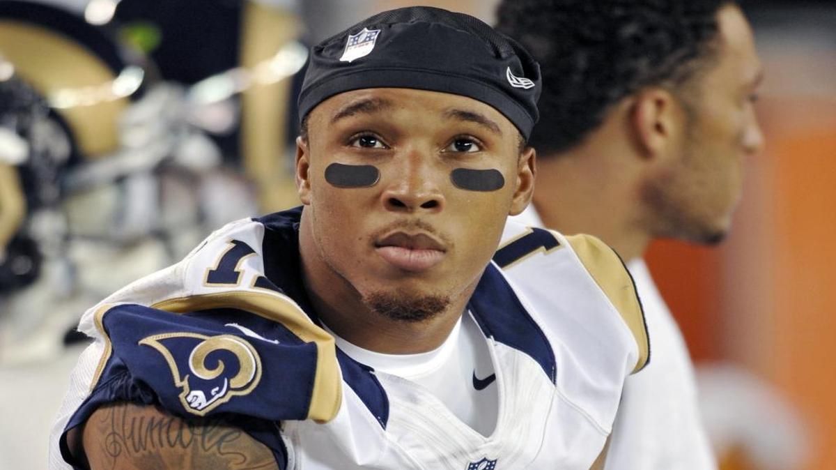 This Aug. 8, 2013, file photo shows St. Louis Rams wide receiver Stedman Bailey watching from the bench in the fourth quarter of a preseason NFL football game against the Cleveland Browns, in Cleveland. Bailey was shot and critically wounded as he and four other people were sitting in a car outside a home in the Miami area, police said Wednesday, Nov. 25, 2015.