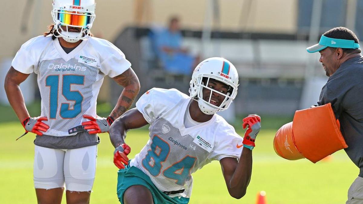 Miami Dolphins receiver Isaiah Ford, working here during Friday’s training camp practice, has been impressive all summer after missing his rookie season with a knee injury.