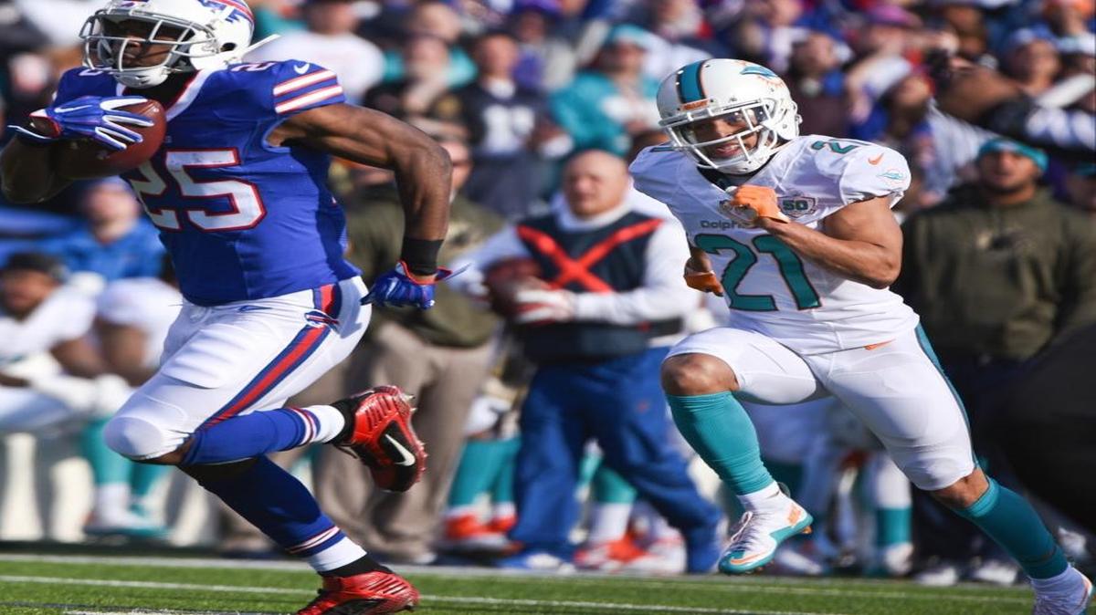 Buffalo Bills running back LeSean McCoy (25) runs away from Miami Dolphins' Brent Grimes (21) for a touchdown Sunday, Nov. 8, 2015, in Orchard Park, N.Y.