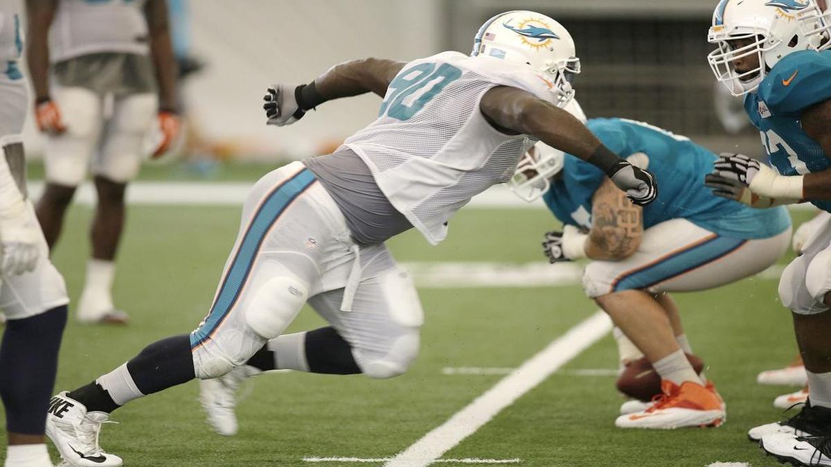 
Dolphins defensive lineman Earl Mitchell worked with the offense Sunday as a fullback and caught two passes in the flat during drills.
