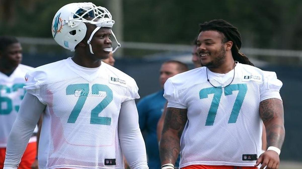 Billy Turner (77) will start at left guard in place of Jamil Douglas and will be lined up next to tackle Ja’Wuan James (72) against the Titans on Sunday.