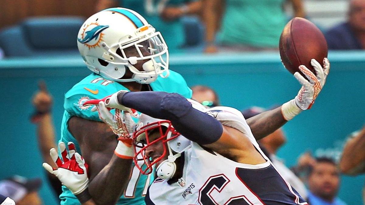 Dolphins receiver DeVante Parker makes a one-handed grab over Patriots cornerback Logan Ryan on Sunday. Parker had 26 catches for 494 yards and three touchdowns in an injury-plagued rookie season, but averaged 74.2 yards receiving over the final six games.