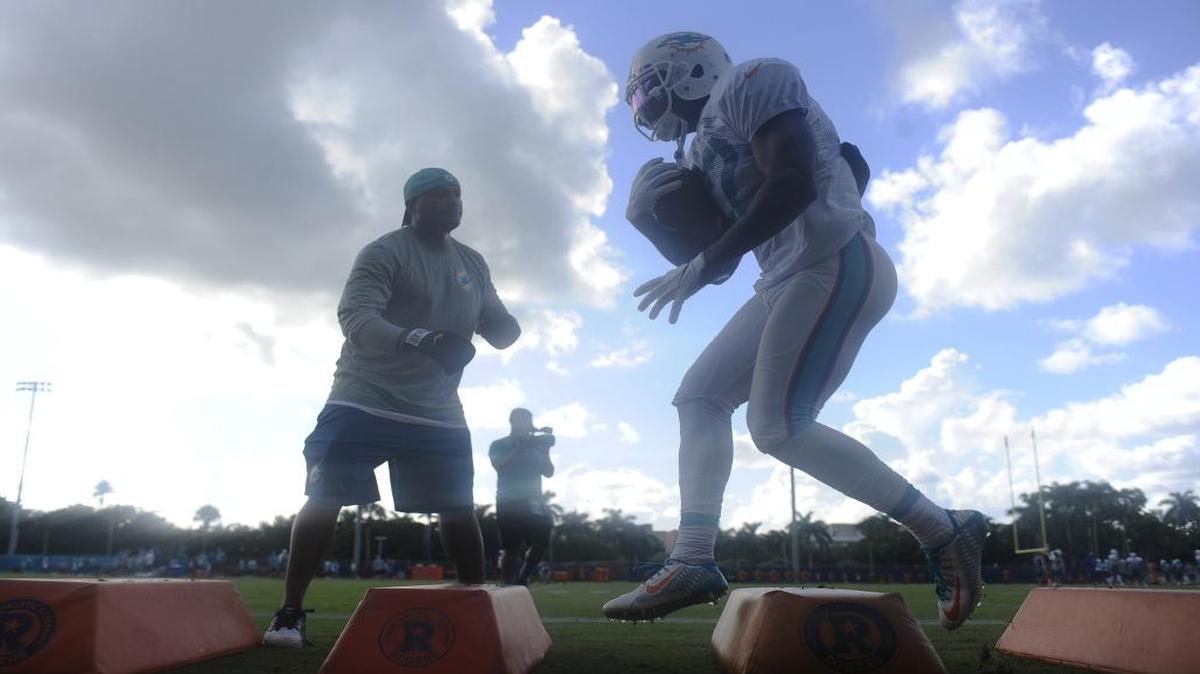 Running back Isaiah Pead goes through drills during Dolphins training camp.