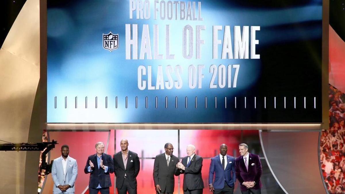 - Former NFL players LaDainian Tomlinson, from the left, Morten Andersen, Jason Taylor, Kenny Easley, Jerry Jones, Terrell Davis and Kurt Warner are announced as 2017 inductees into the Pro Football Hall of Fame.