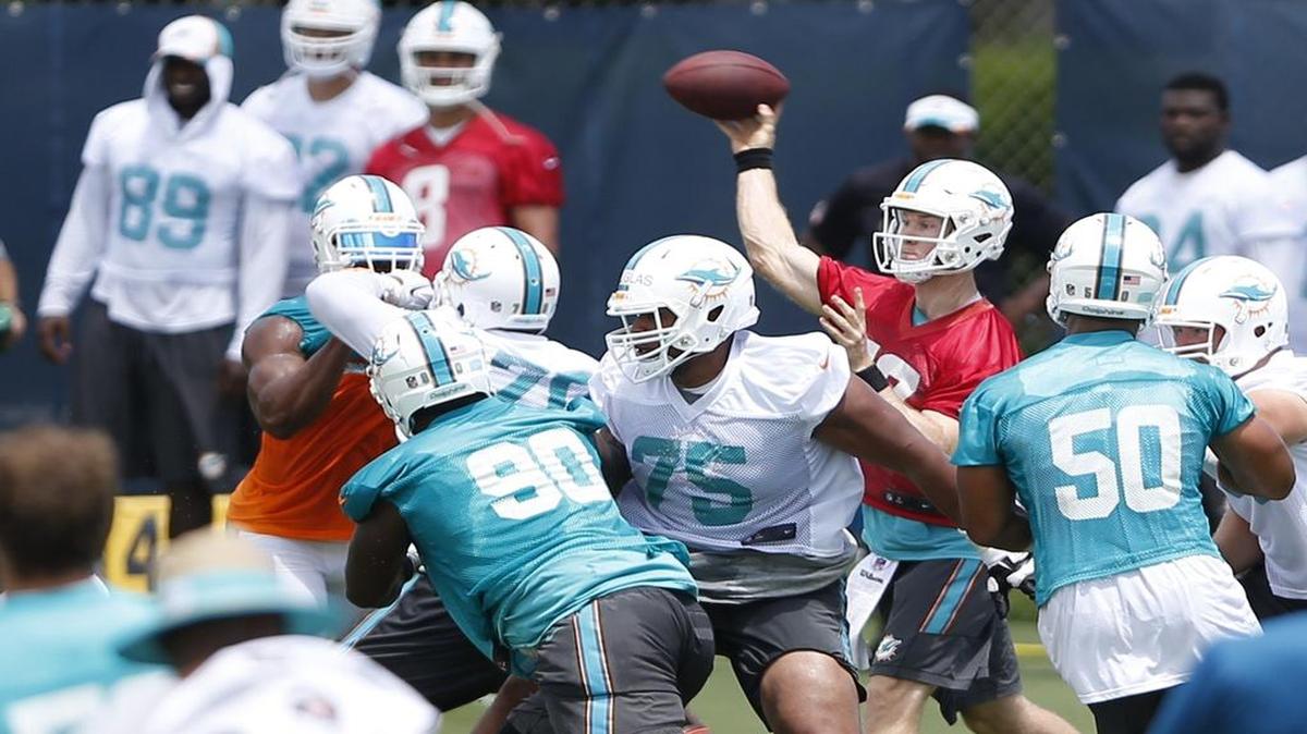 
Dolphins quarterback Ryan Tannehill throws a pass during a scrimmage Wednesday, June 17, 2015 at minicamp. Tannehill threw seven touchdown passes during drills.
