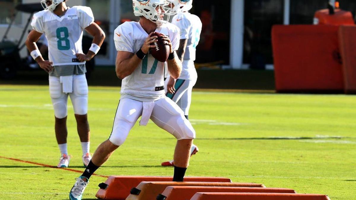 Dolphins quarterback Ryan Tannehill during a drill at the Miami Dolphins training facility in Davie, Fla., on Wed., Aug. 10, 2016.