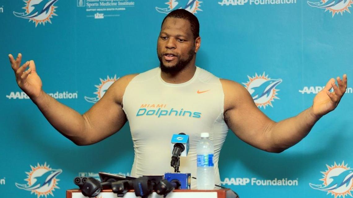 Defensive tackle, Ndamukong Suh (93) speaks to the media after Miami Dolphins football practice on Wednesday, September 20, 2017.