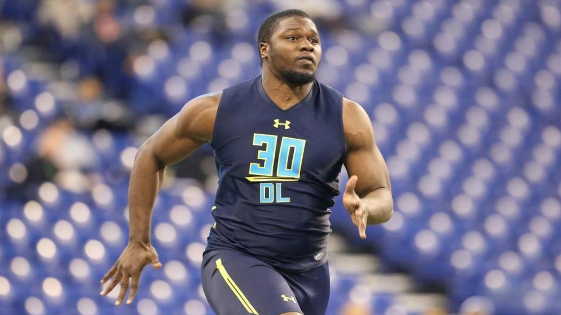 Michigan State defensive end Malik Mcdowell is seen before a drill at the 2017 NFL football scouting combine Sunday, March 5, 2017, in Indianapolis.