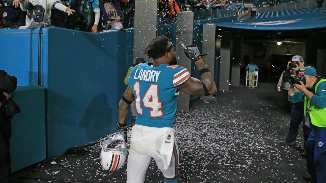 Fans greet Miami Dolphins wide receiver Jarvis Landry (14) after the Miami Dolphins defeat the New England Patriots 27-20 at hard Rock Stadium on Monday, December 11, 2017.