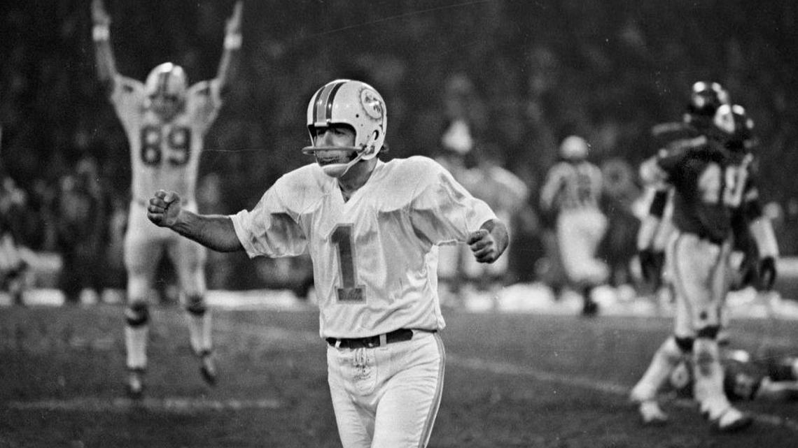 Miami Dolphins kicker Garo Yepremian celebrates after the game-winning kick against the Kansas City Chiefs on Christmas Day in 1971.