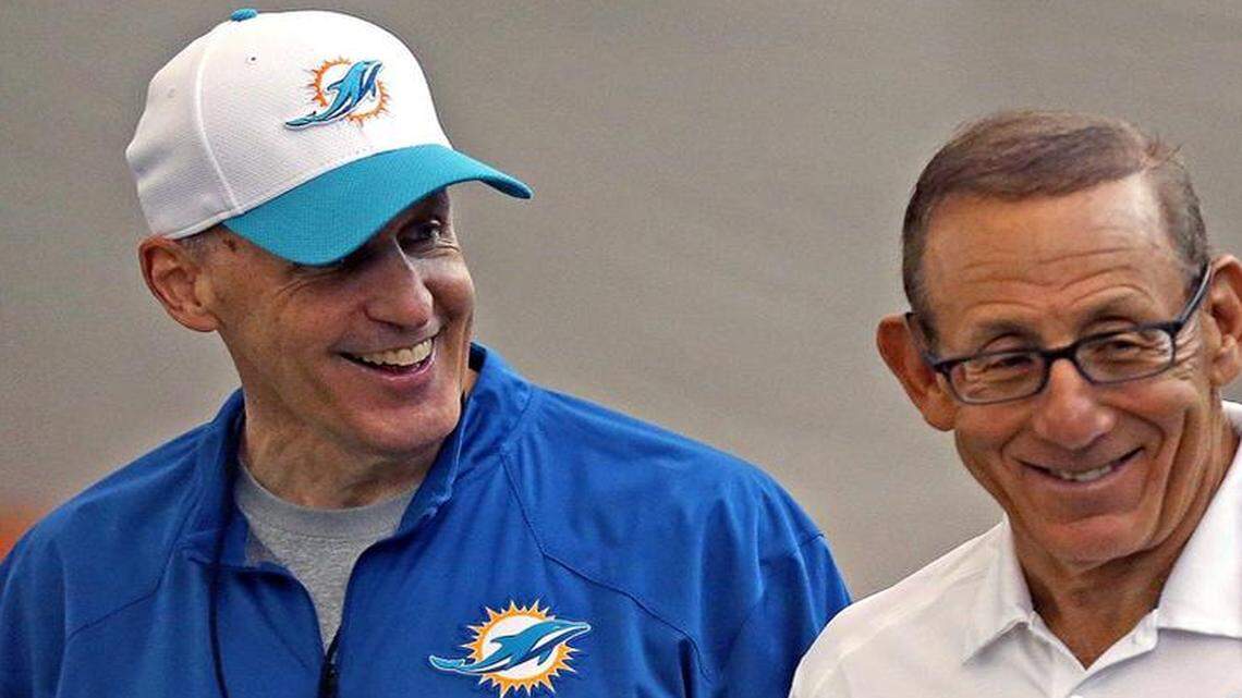 Miami Dolphins coach Joe Philbin, left, and owner Stephen Ross are shown during Day 1 of Miami Dolphins training camp Thursday, July 30, 2015 in Davie.